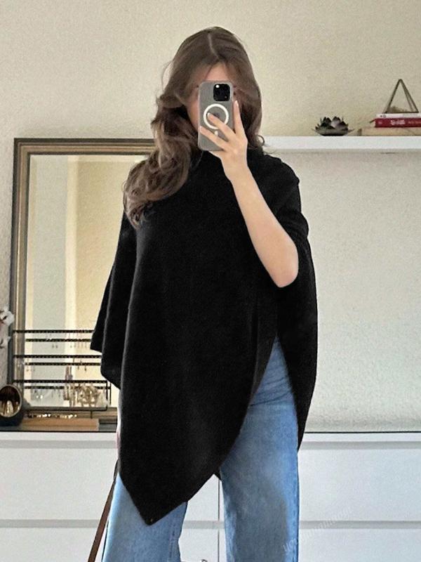 Women's effortless wool blend knit poncho. Soft, warm layering piece for elegant fall & winter fashion.