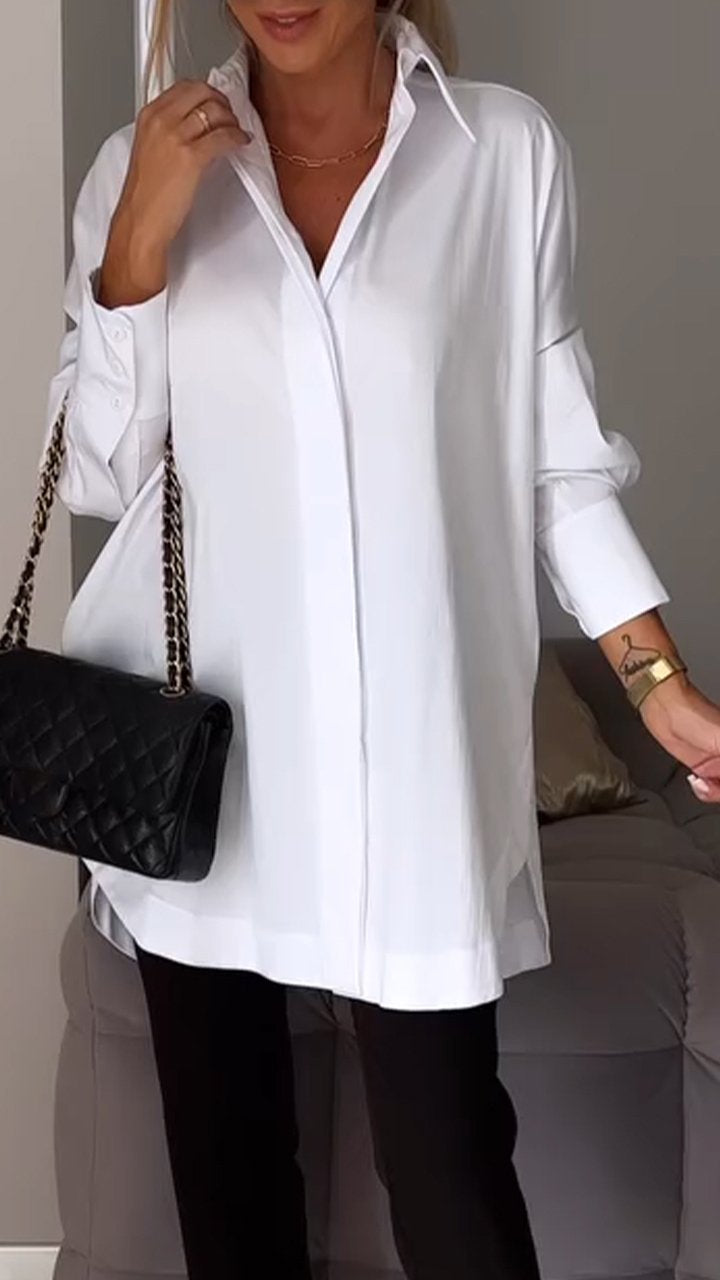 Blanca women's oversized blouse with folded collar, a stylish long sleeve top for daily wear.