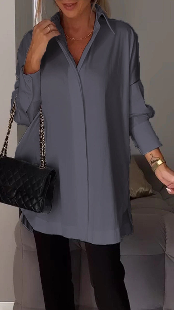 Comfortable women's oversized tunic blouse, a long sleeve collared top for effortless versatile wear.