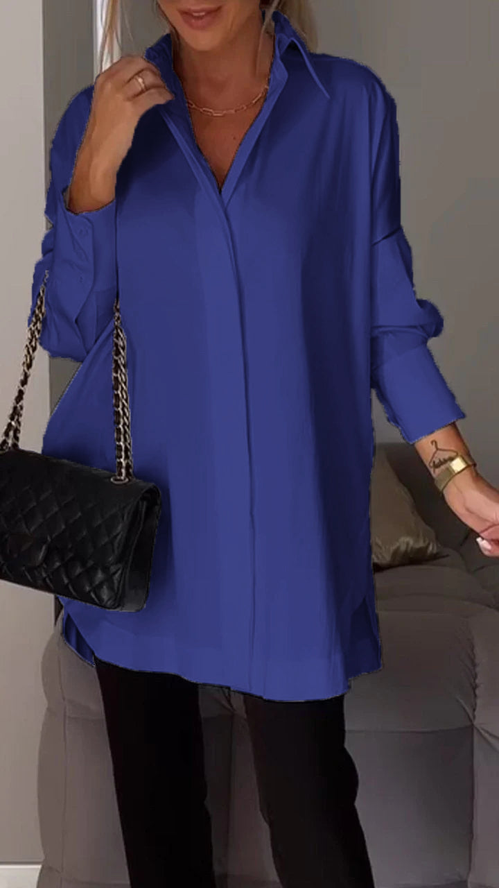 Stylish Blanca oversized women's blouse, a versatile collared long sleeve top for modern women.