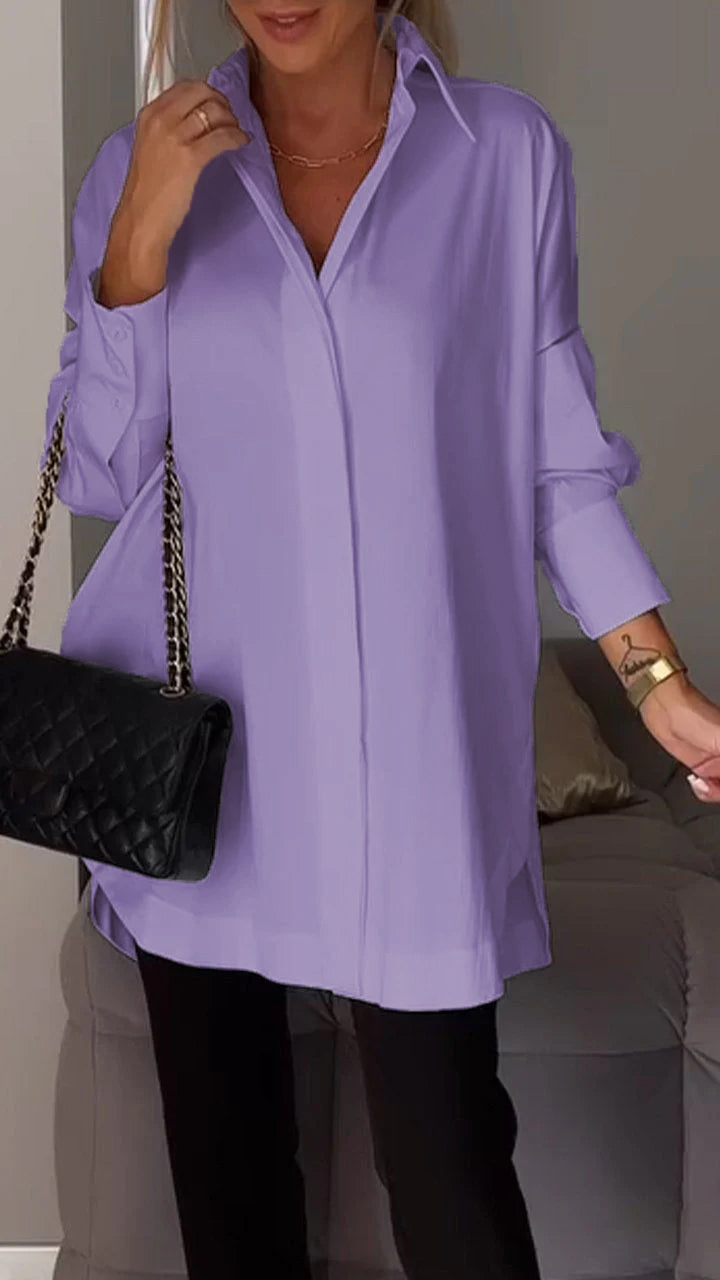 Relaxed fit white oversized collared blouse for women, comfortable and chic for daily fashion.