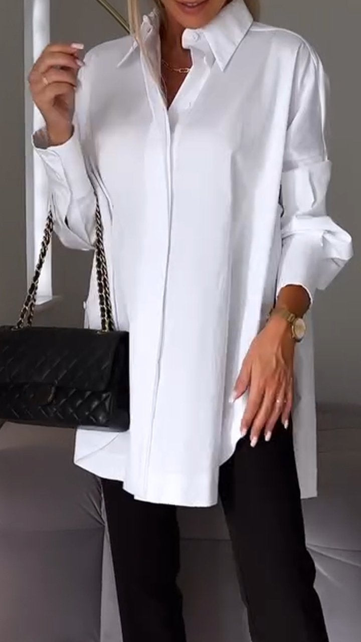 Stylish women's long sleeve oversized blouse, versatile collared top for effortless daily fashion.
