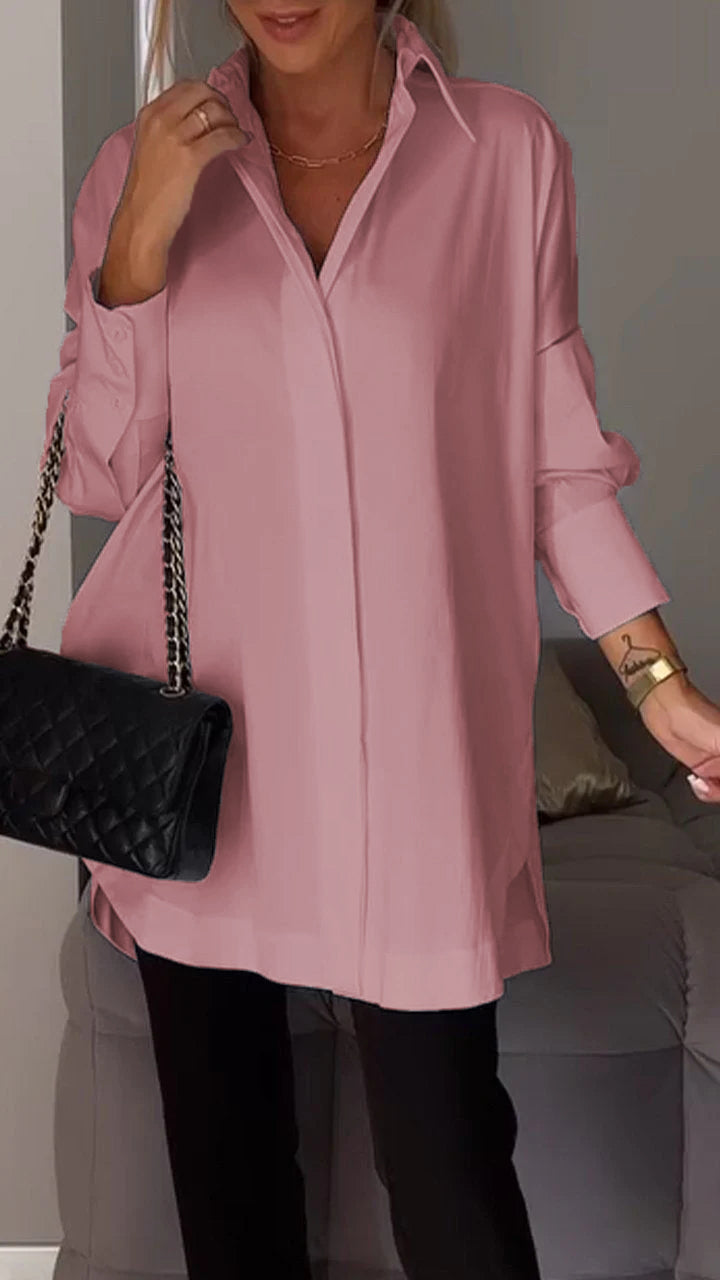 Versatile oversized blouse for women, long sleeve collared top, ideal for office or daily wear.