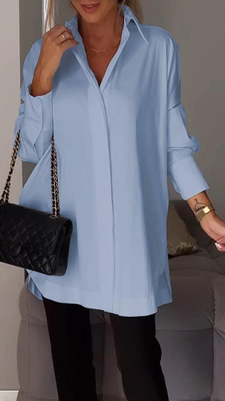 Chic women's oversized blouse with a folded collar, perfect as a versatile long sleeve top.