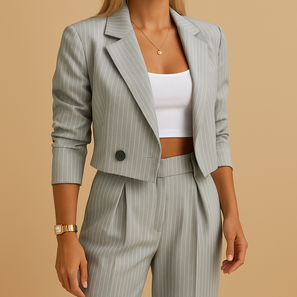 Stylish women's pantsuit with a modern blazer & matching trousers. Versatile smart casual or professional elegant outfit.