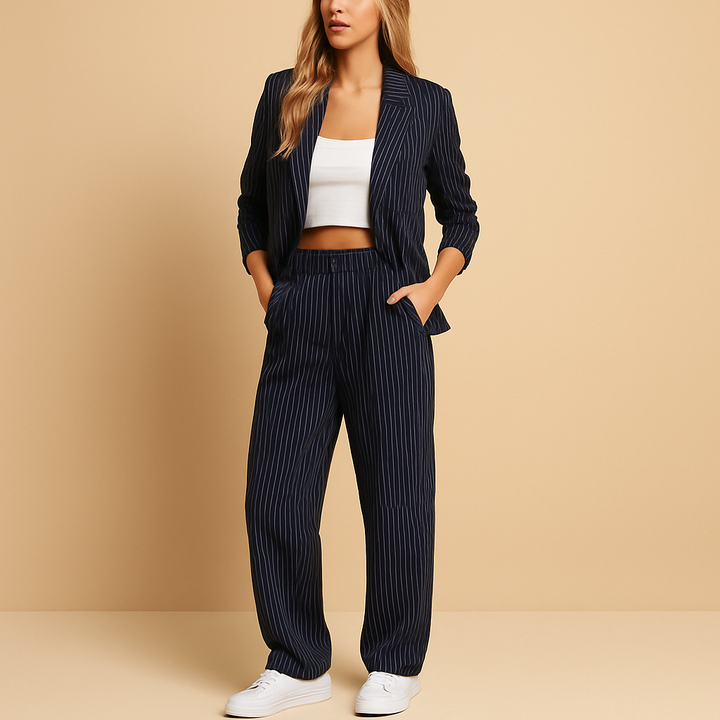 Women's elegant tailored blazer and trousers set. Chic two-piece business suit, perfect for office or formal wear.