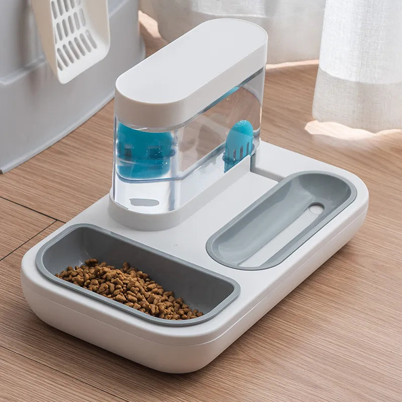Automatic pet feeder and water dispenser in blue and white, perfect for dog and cat feeding.