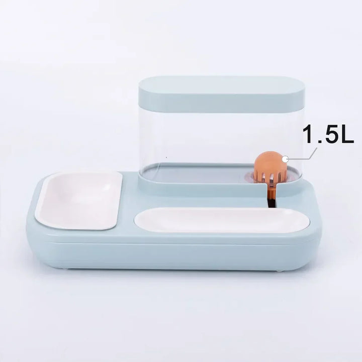Pet feeding station with automatic food and water dispensers, blue and white design, for pet convenience.