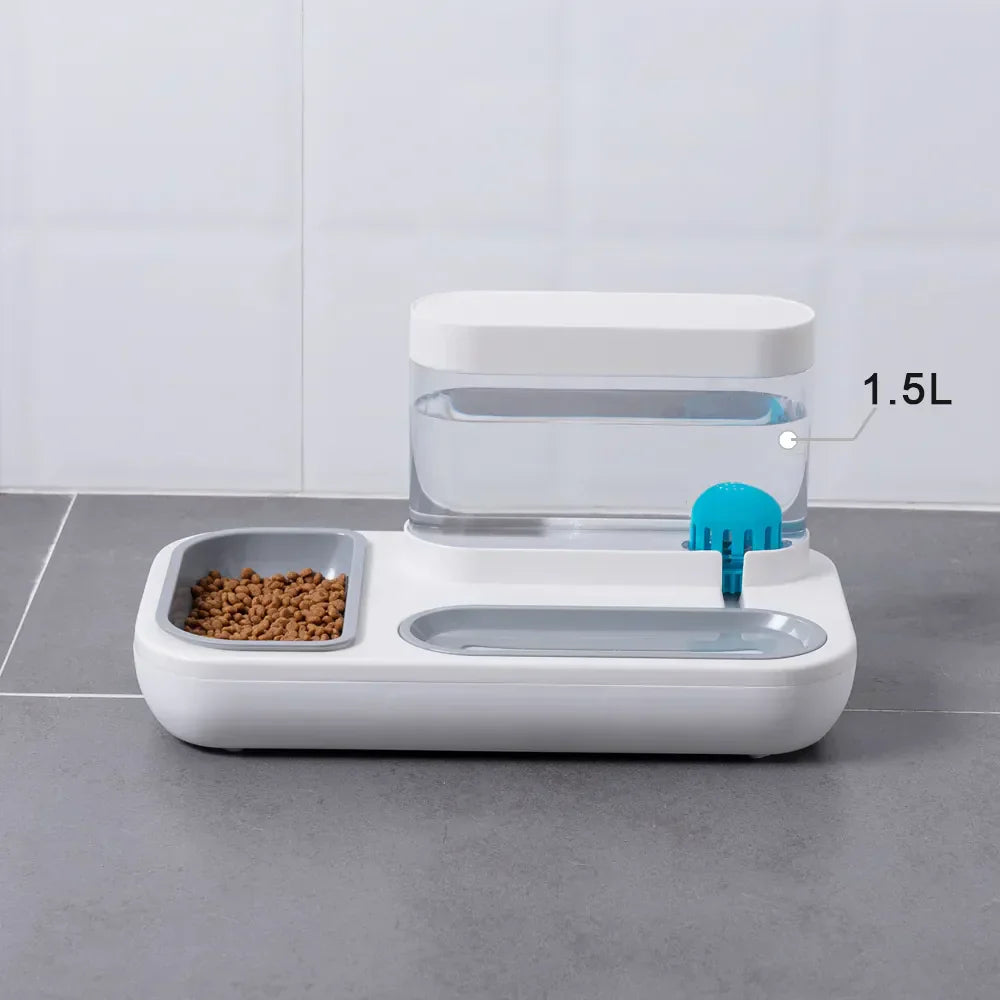 Close-up of the blue and white automatic pet water dispenser, highlighting convenient pet hydration.