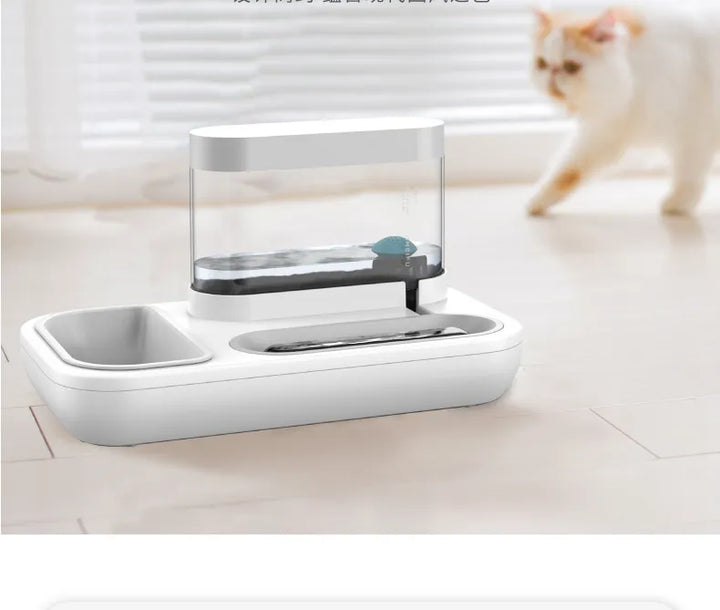 Automatic pet food dispenser in white, shown with kibble, for hassle-free dog and cat feeding.