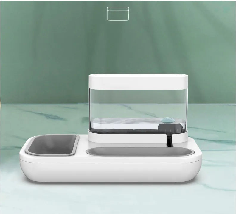 Blue and white pet feeding station, an automatic food and water solution for modern pet care.