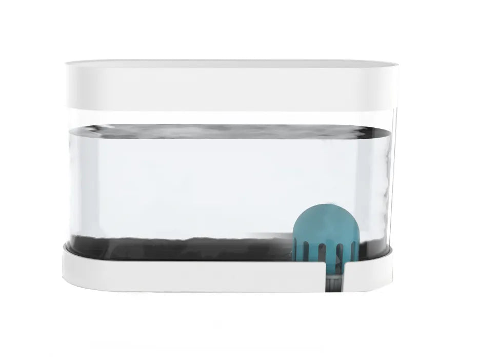 Automatic pet care system: blue and white food and water dispenser for cats and small dogs.