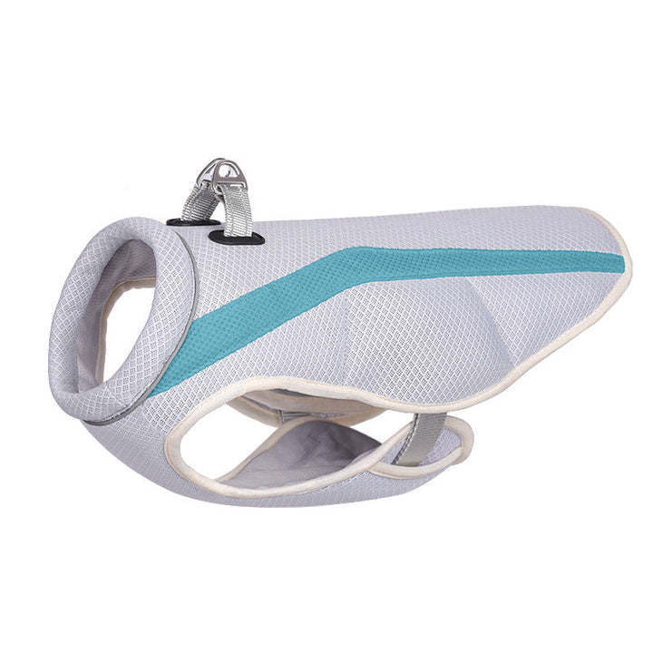 Leash attachment ring on dog cooling vest harness, perfect for summer dog gear
