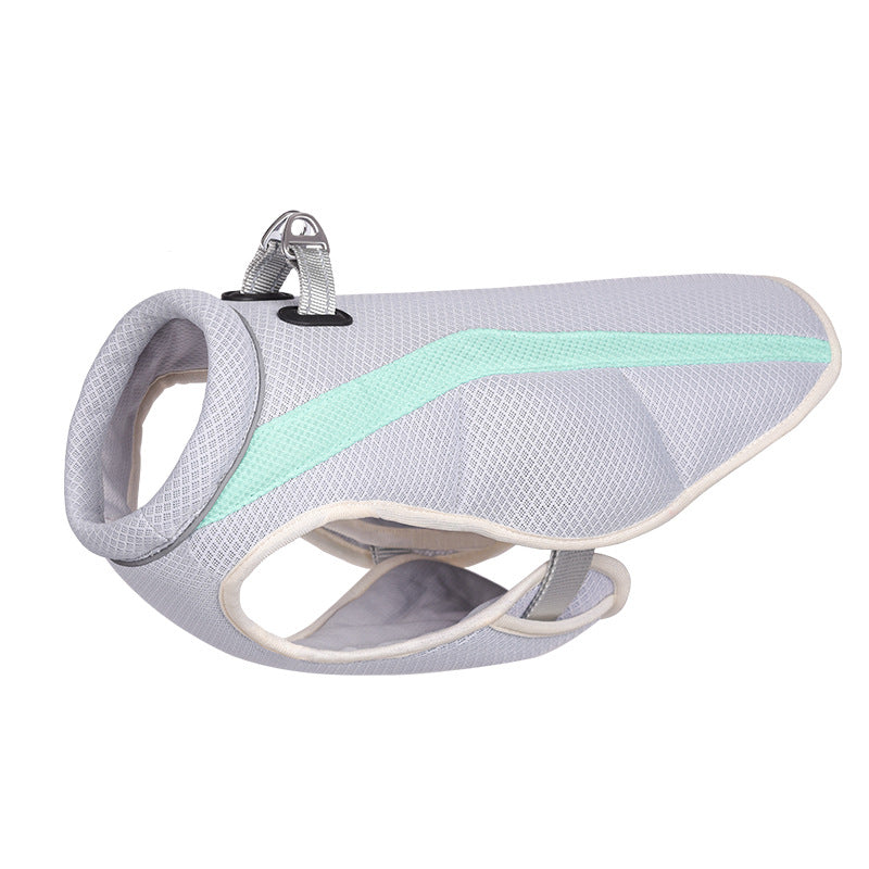 Dog cooling vest harness on a white background, highlighting pet comfort design