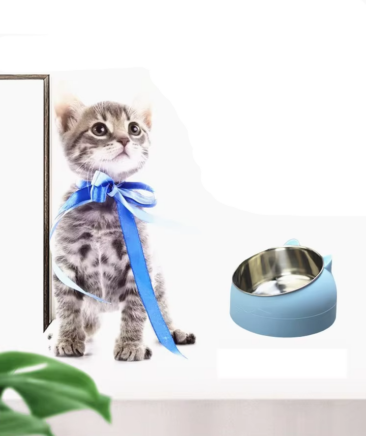 Elevated pet food bowl in blue, designed for cats to improve digestion and reduce neck strain.