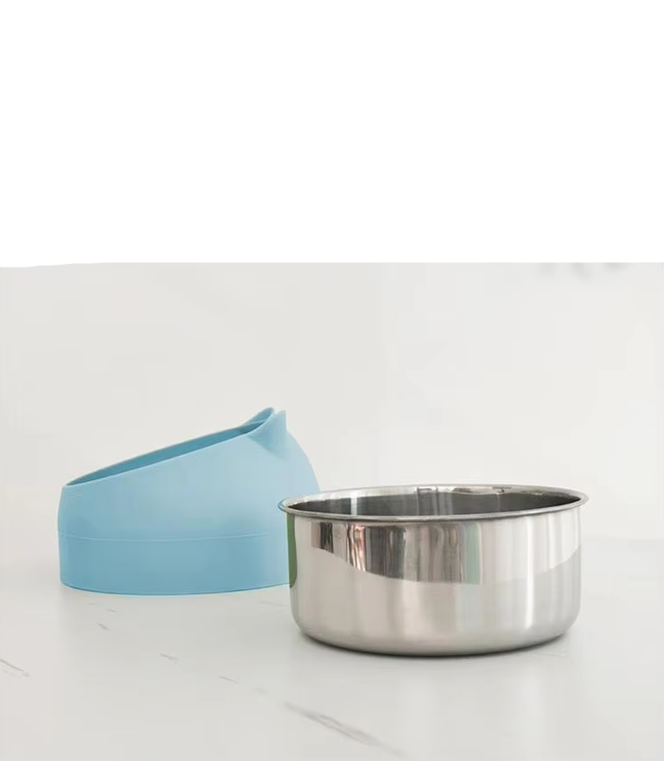 Blue cat bowl, neck friendly and elevated, an ergonomic pet supply for improved feeding experience.