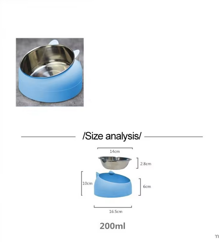 Pet supplies: blue elevated food bowl with ergonomic 15-degree tilt for comfortable cat feeding.