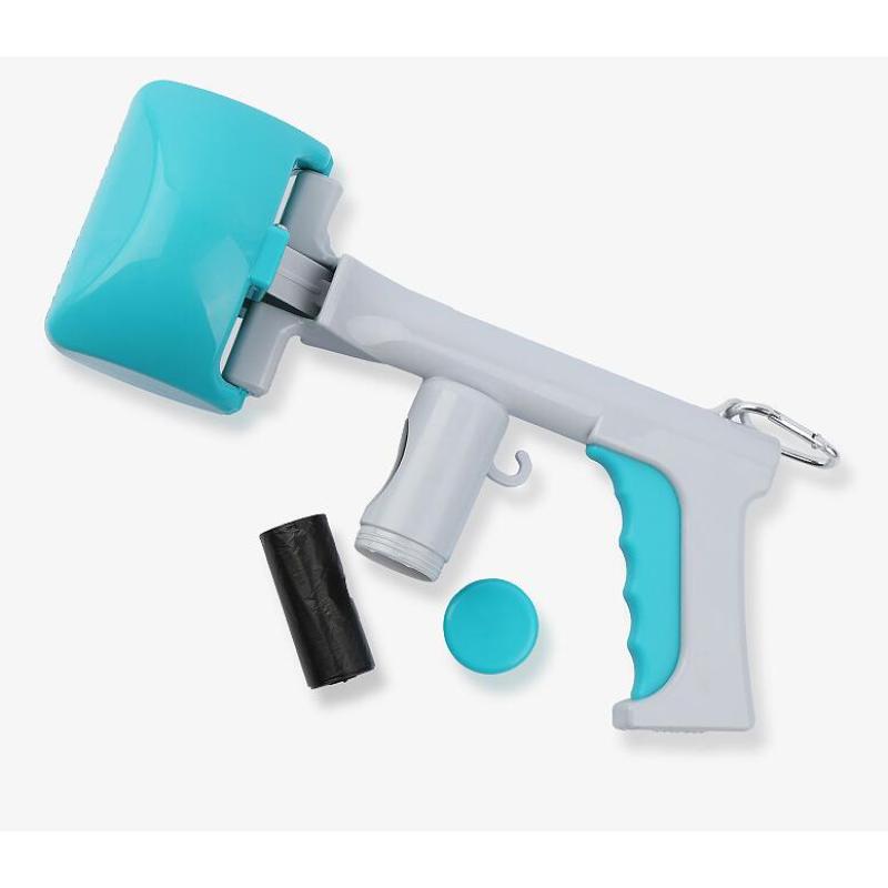 Dog walking essential: ergonomic blue dog waste picker with integrated bag storage for hygiene.