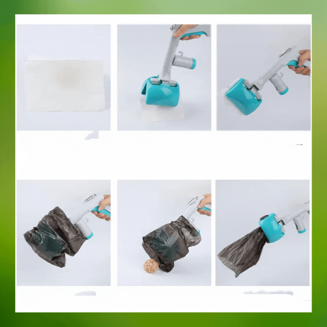 Close-up of blue dog waste picker with bag holder, a vital tool for responsible pet care.