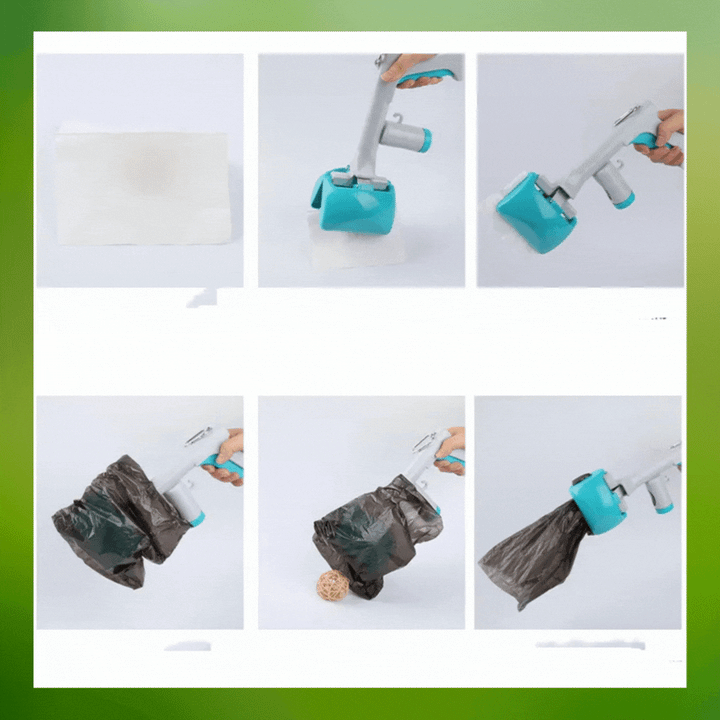 Close-up of blue dog waste picker with bag holder, a vital tool for responsible pet care.