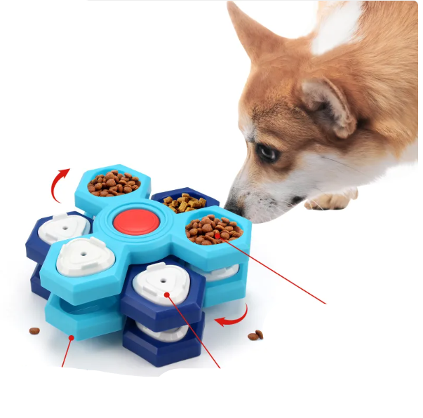 Blue interactive dog puzzle feeder with compartments, promoting slow eating & mental stimulation.