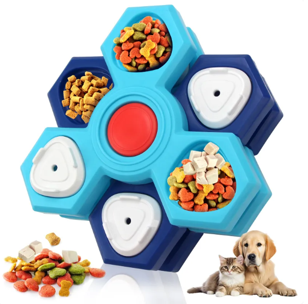 Close-up of a blue pet puzzle feeder designed for dogs, a slow eating & digestion aid.