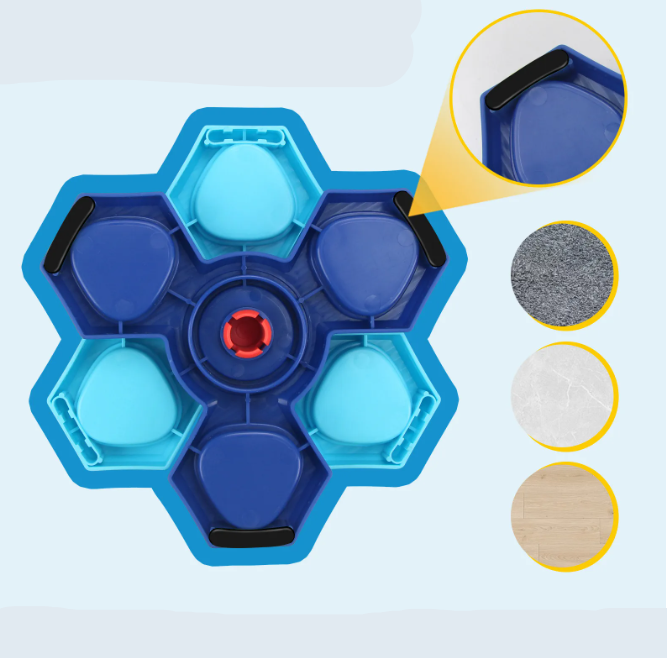 Dog enjoying a blue interactive puzzle feeder, a fun way to slow eating and stimulate.