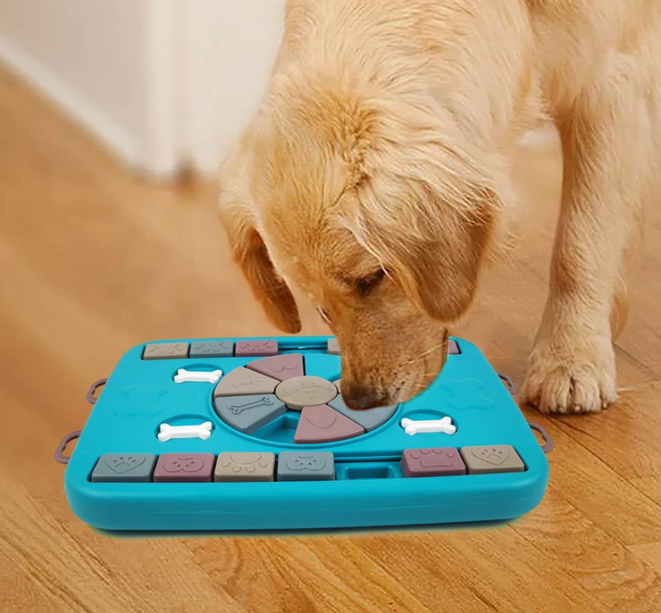 Blue interactive dog snuffle mat for mental stimulation and treat dispensing, enrichment pet toy.