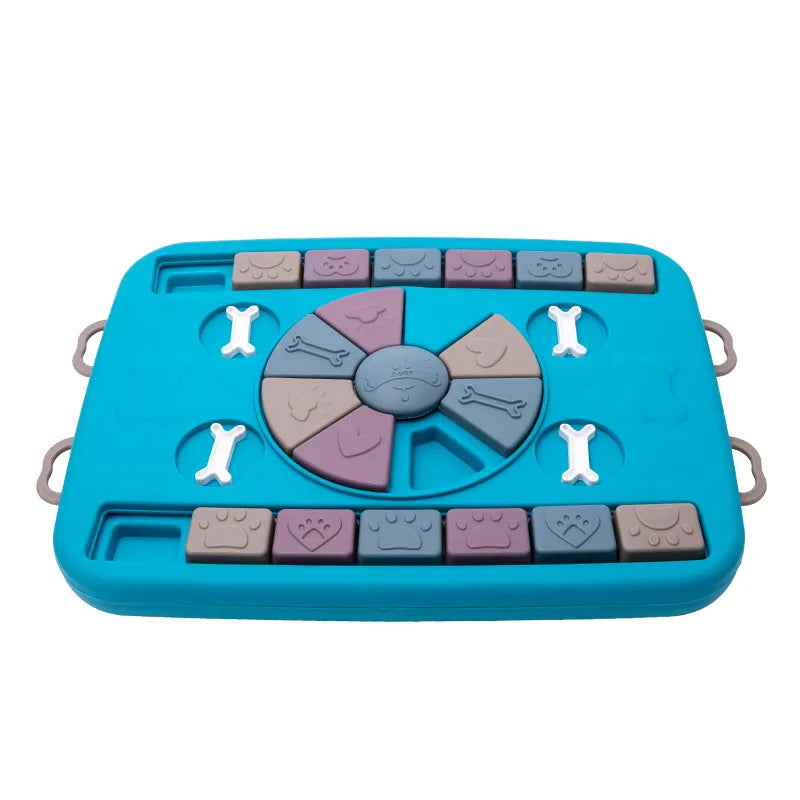 Blue dog enrichment snuffle mat, an interactive toy for dispensing treats and stimulating pets.