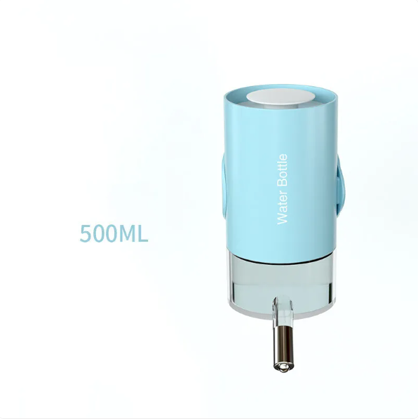 Collection of pet travel water bottles in blue, pink, sky blue, white, automatic dispenser.