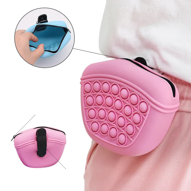 Unisex blue Pop-It keychain with zipper, ideal for stress relief and small item storage