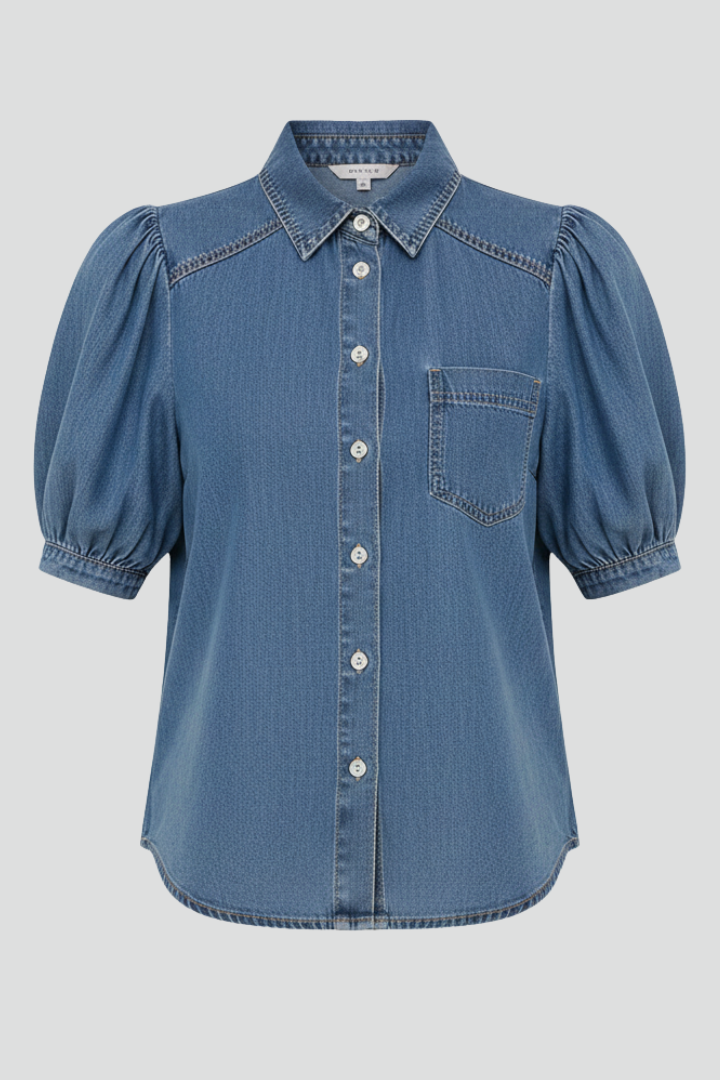 Blue puff sleeve button-down blouse for women, perfect for chic casual everyday wear.