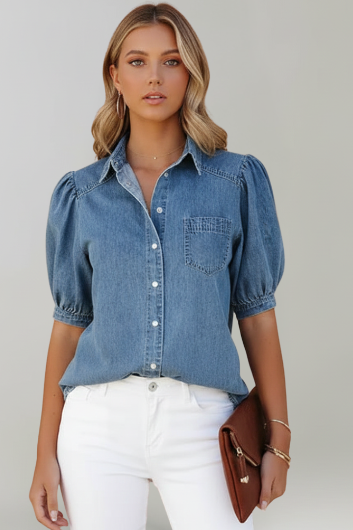 Effortless women's blue puff sleeve shirt, a comfortable and fashionable casual top for any occasion.