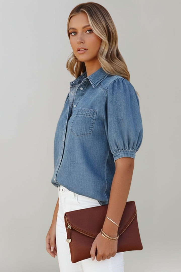 Stylish women's puff sleeve button-down shirt in blue, a versatile blouse for fashion-forward everyday wear.
