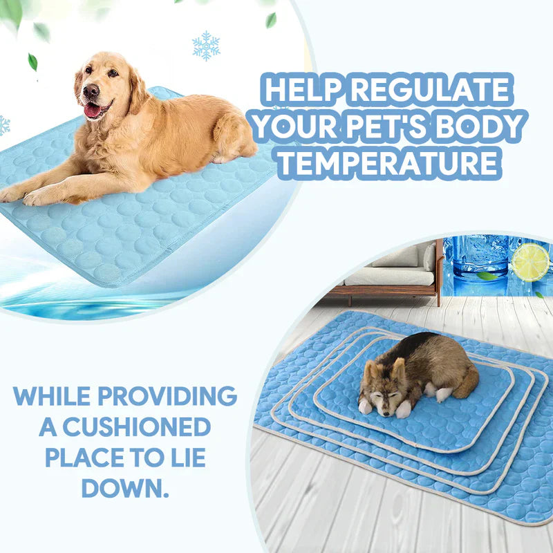 Large self-cooling pet bed in blue, offering comfort and heat relief for dogs