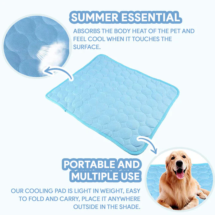 Two self-cooling pet mats, one blue, one pink, showcasing various sizes for pets