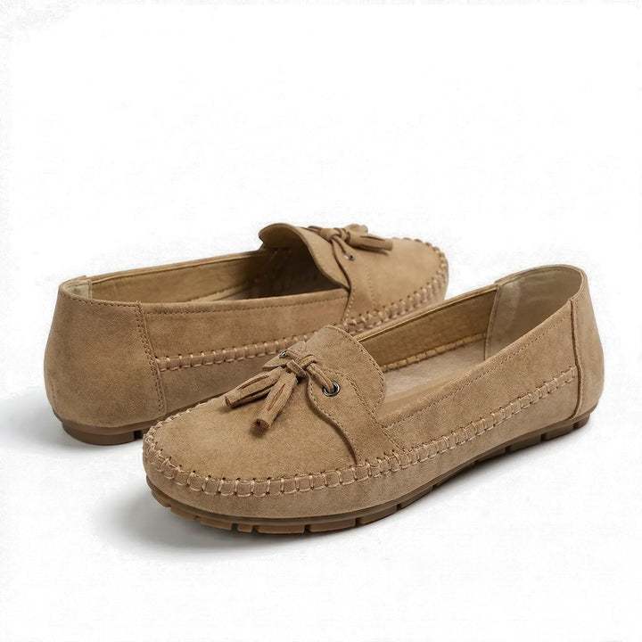 Blush pink extra wide women's loafers with memory foam support, comfortable slip-on shoes for daily wear.