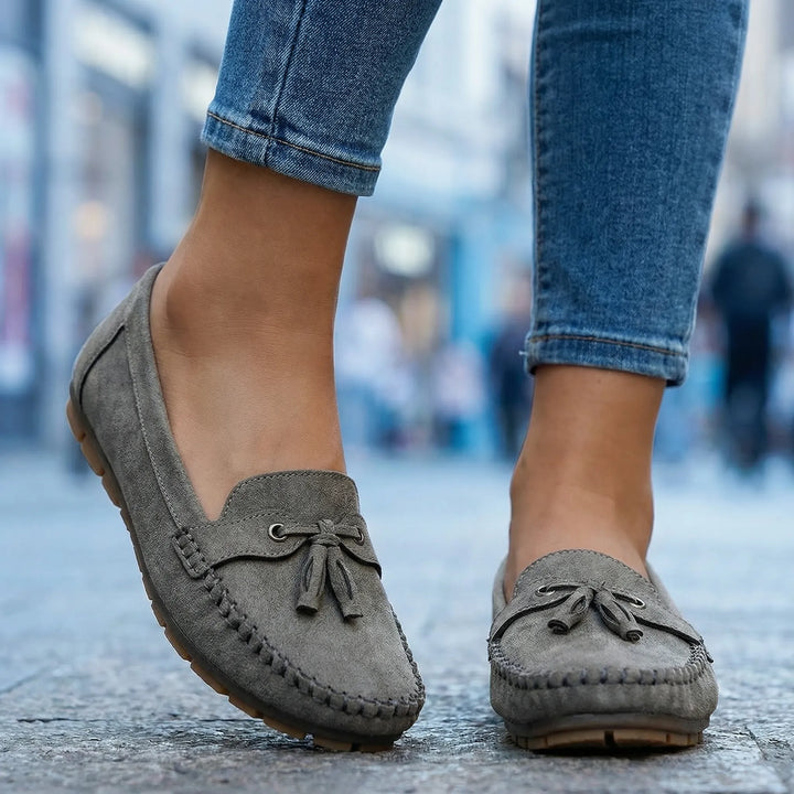Comfortable charcoal grey extra wide loafers for women, great walking shoes with memory foam support.