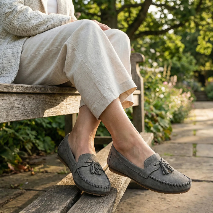 Charcoal grey extra wide women's loafers, sophisticated everyday wear with memory foam cushioning.