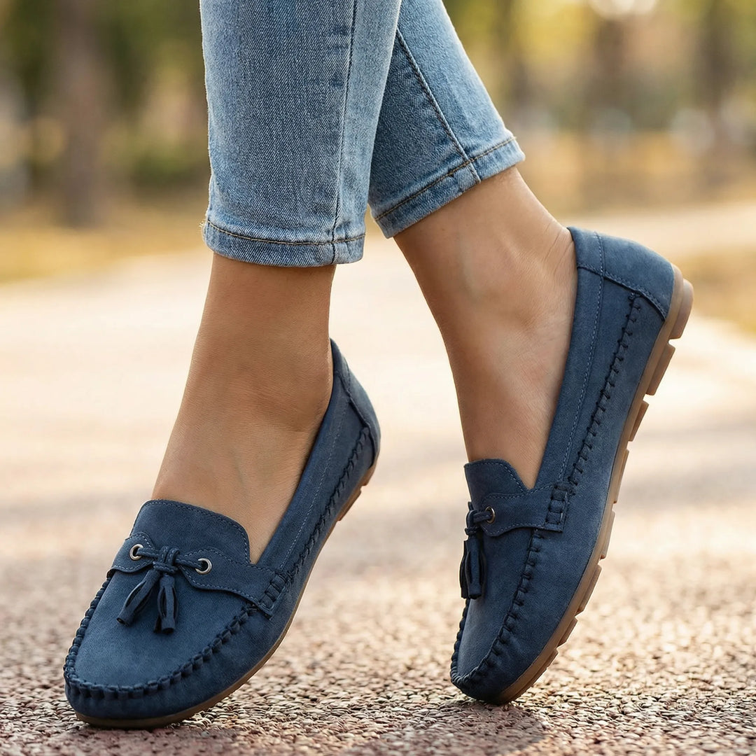 Navy blue extra wide women's loafers with memory foam support, stylish slip-on casual shoes.