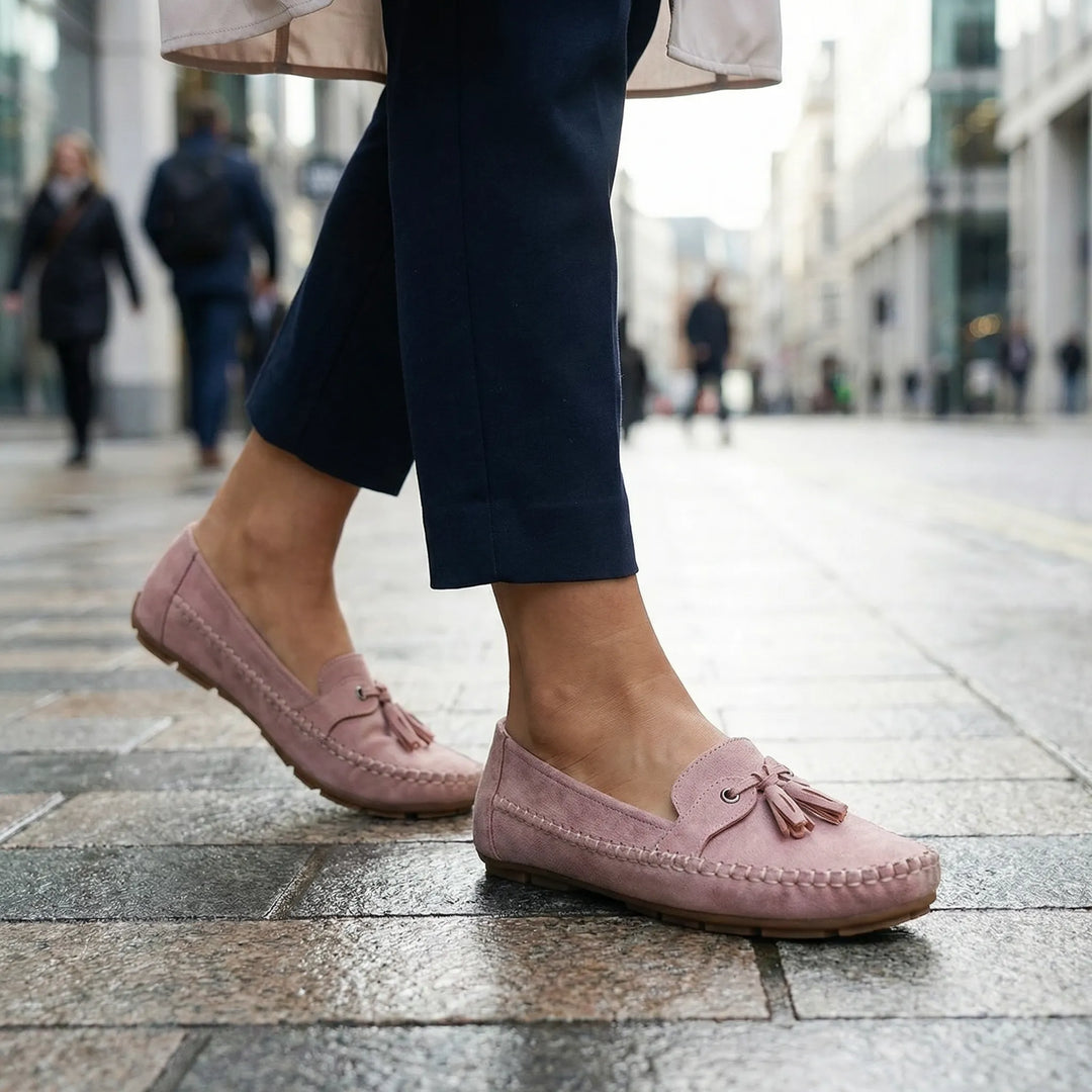 Women's navy blue extra wide loafers, comfortable walking shoes featuring superior memory foam.