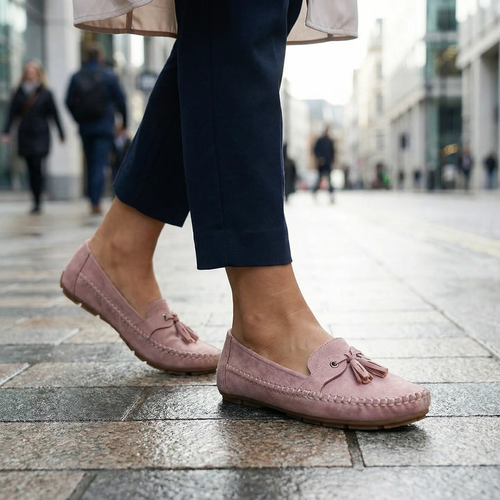 Women's navy blue extra wide loafers, comfortable walking shoes featuring superior memory foam.