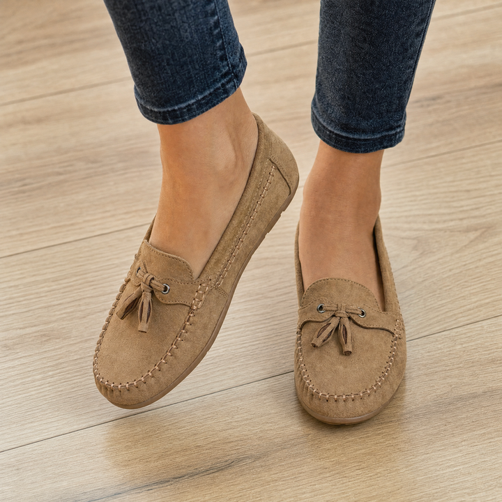 Women's blush pink extra wide loafers, perfect casual walking shoes with memory foam comfort.