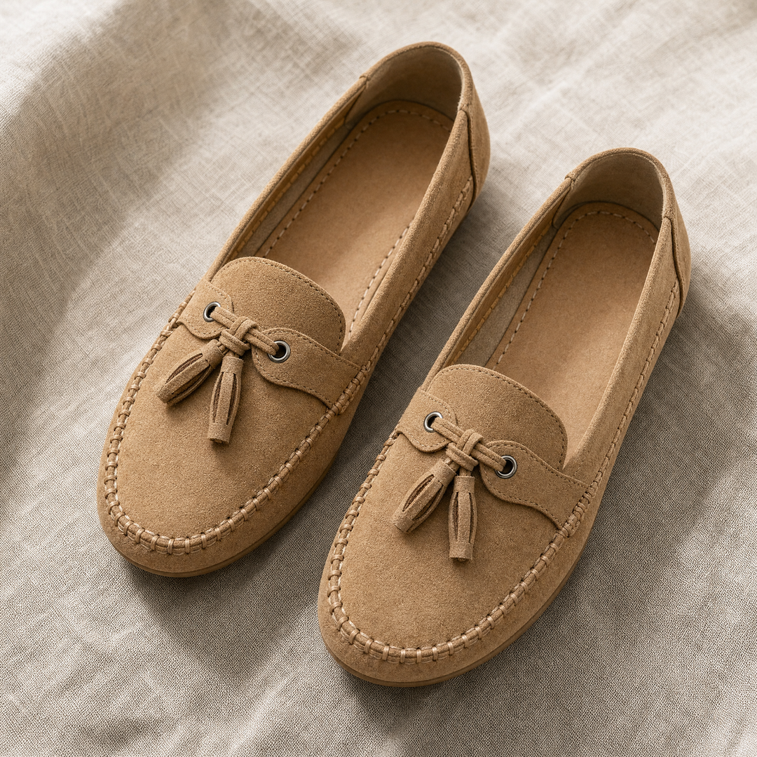Comfortable blush pink extra wide slip-on loafers for women, featuring supportive memory foam insoles.