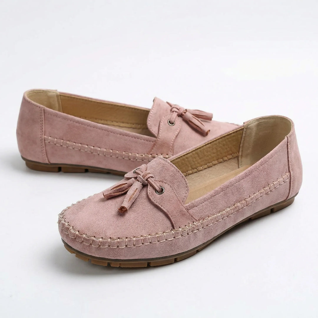 Women's stone brown extra wide loafers, durable walking shoes with excellent memory foam support.