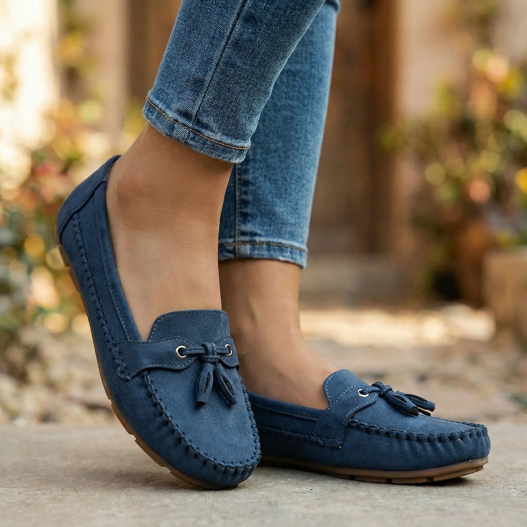 Stone brown extra wide women's loafers, elegant dress shoes with memory foam for all-day comfort.