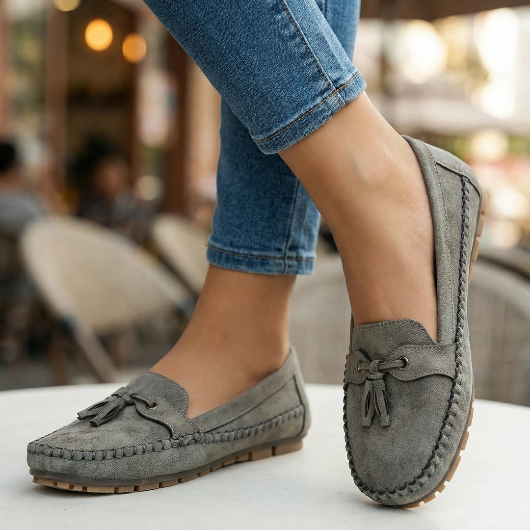 Charcoal grey extra wide women's loafers, memory foam support for ultimate foot comfort.