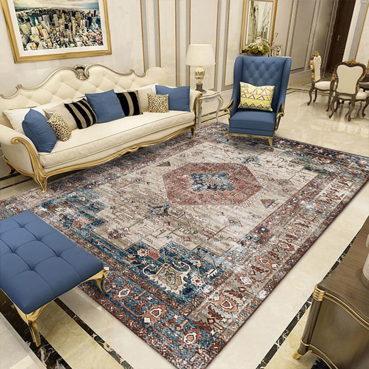 Bedroom featuring an elegant bohemian floral rug complementing light-toned furniture, creating a serene ambiance.
