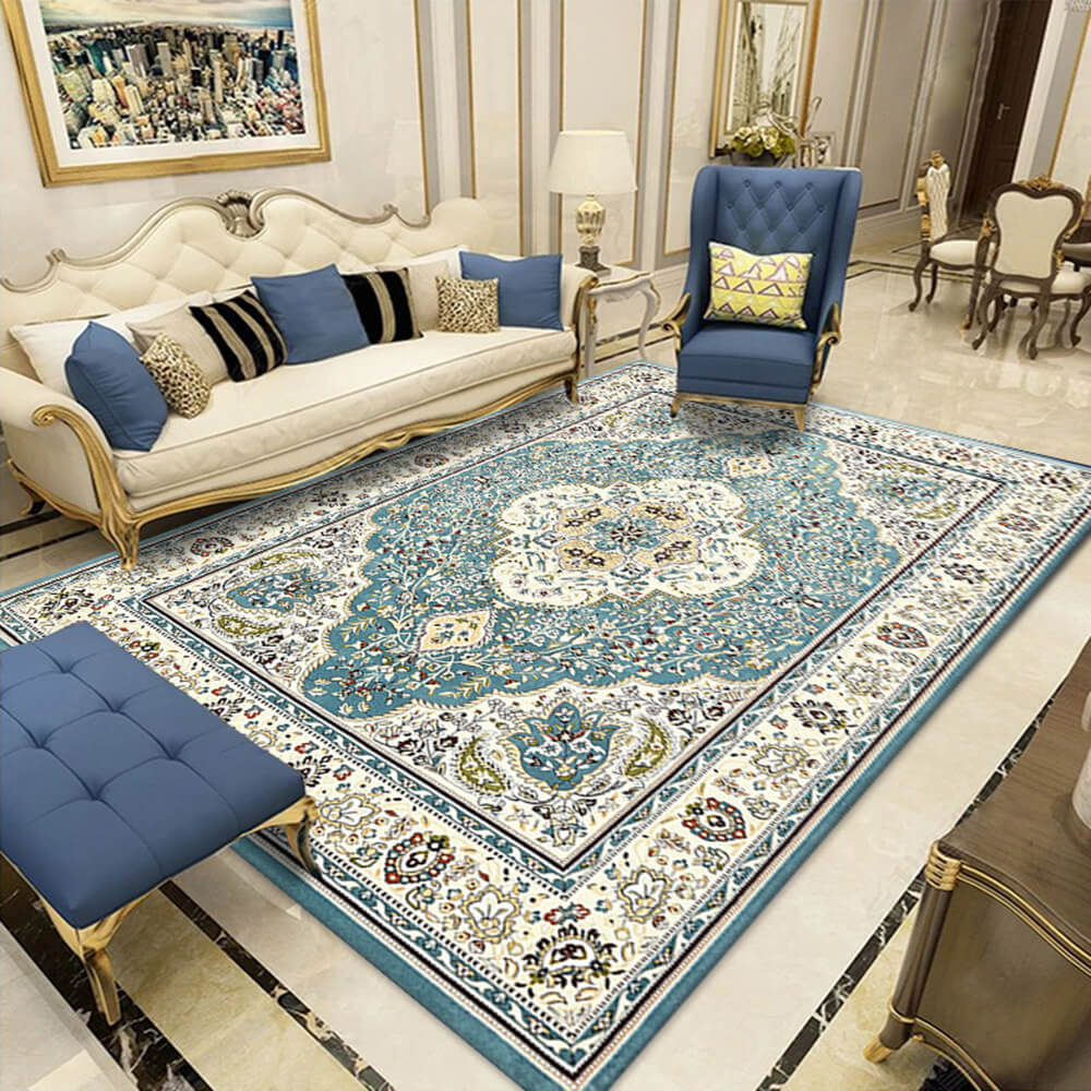 Close-up of bohemian floral rug pattern, intricate design with red, blue, and yellow hues, bedroom decor.
