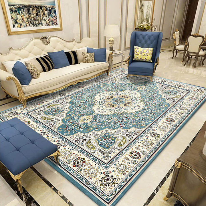Close-up of bohemian floral rug pattern, intricate design with red, blue, and yellow hues, bedroom decor.